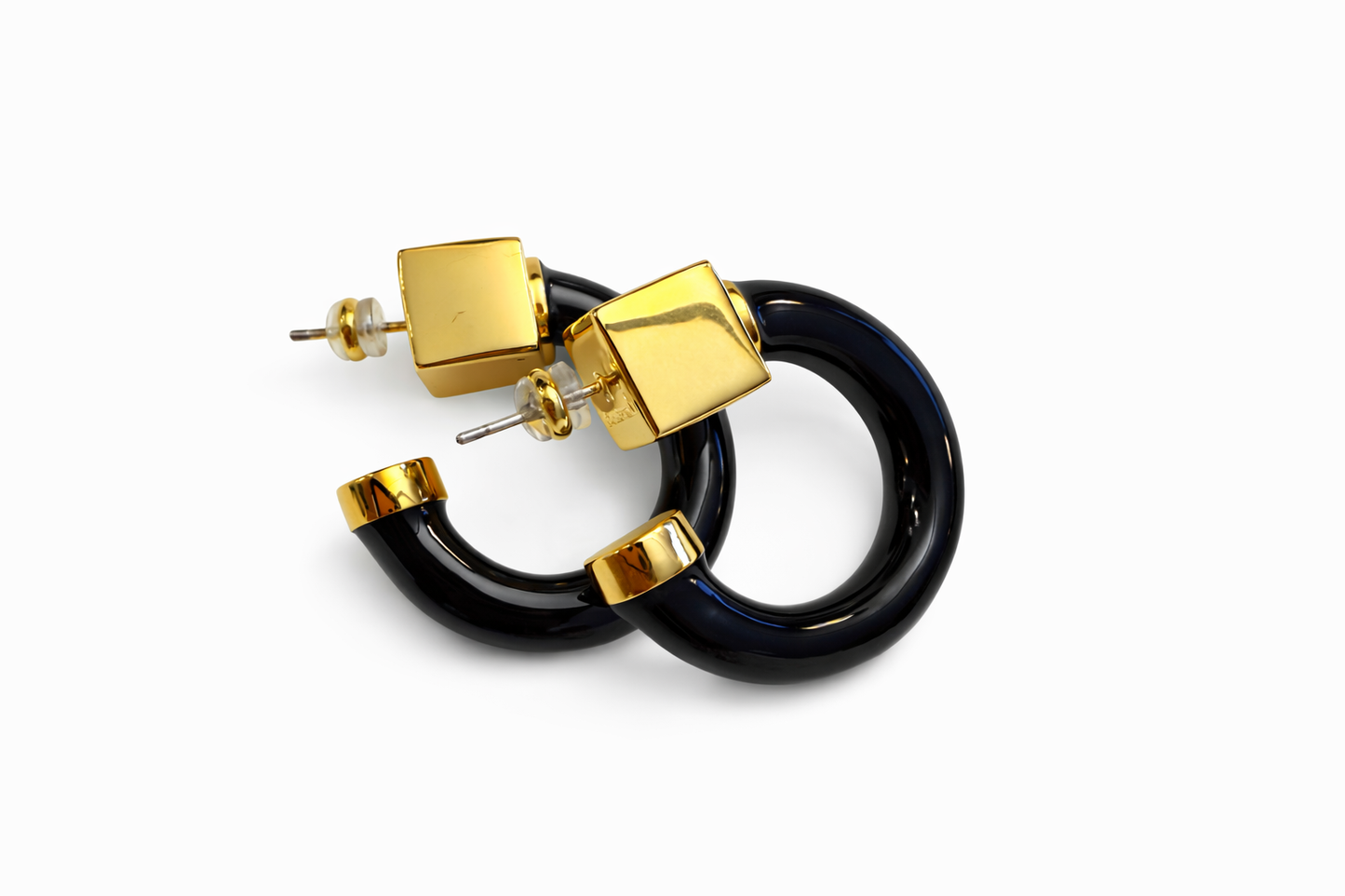 Black Resin Hoop Earrings with Gold Square Studs