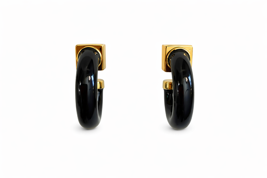 Black Resin Hoop Earrings with Gold Square Studs