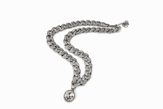 Pavé Cuban Link Necklace with Crystal Pendant – Statement Chain Choker in Silver Tone, Glam Evening Jewelry