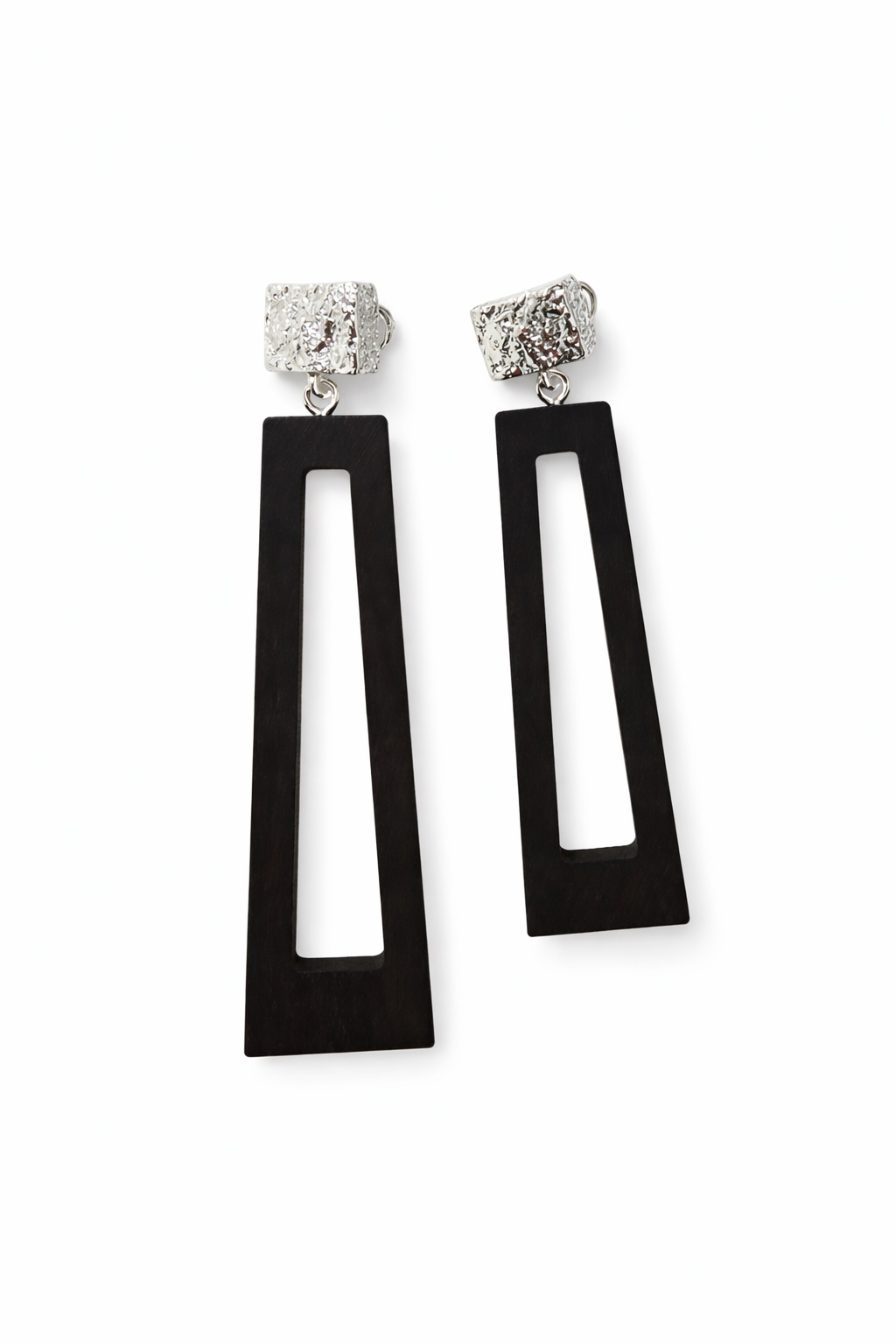 Geometric Wooden Drop Earrings – Modern Statement Dangle Earrings with Textured Metal Studs