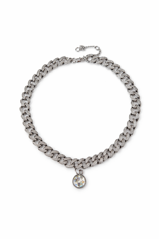 Pavé Cuban Link Necklace with Crystal Pendant – Statement Chain Choker in Silver Tone, Glam Evening Jewelry