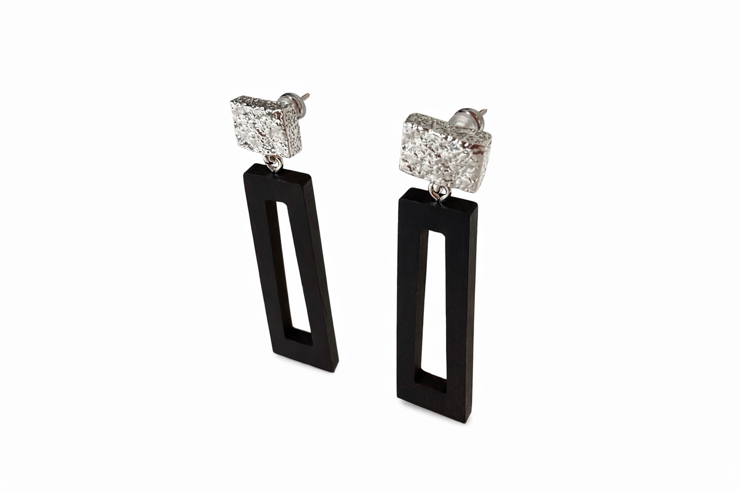 Geometric Wooden Drop Earrings – Modern Statement Dangle Earrings with Textured Metal Studs