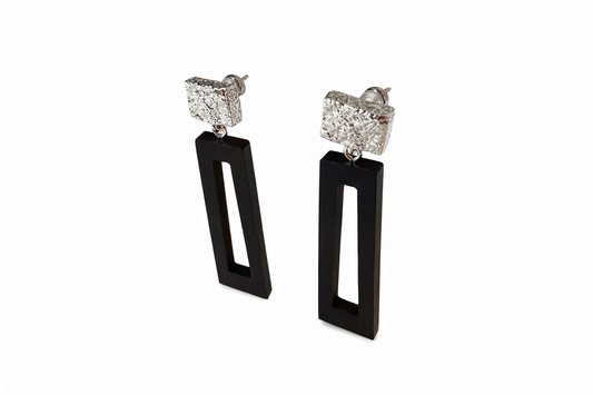Geometric Wooden Drop Earrings – Modern Statement Dangle Earrings with Textured Metal Studs