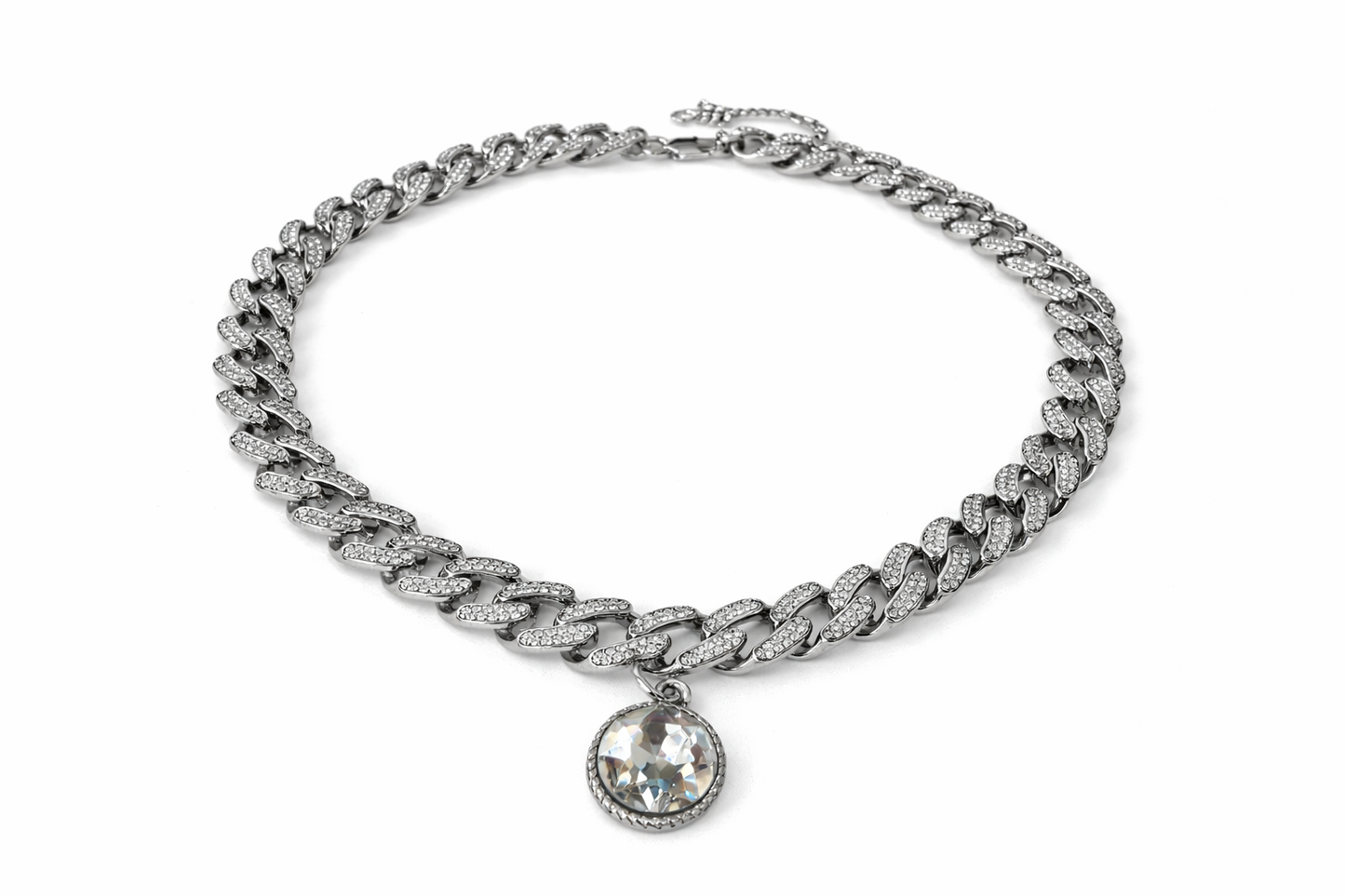 Pavé Cuban Link Necklace with Crystal Pendant – Statement Chain Choker in Silver Tone, Glam Evening Jewelry