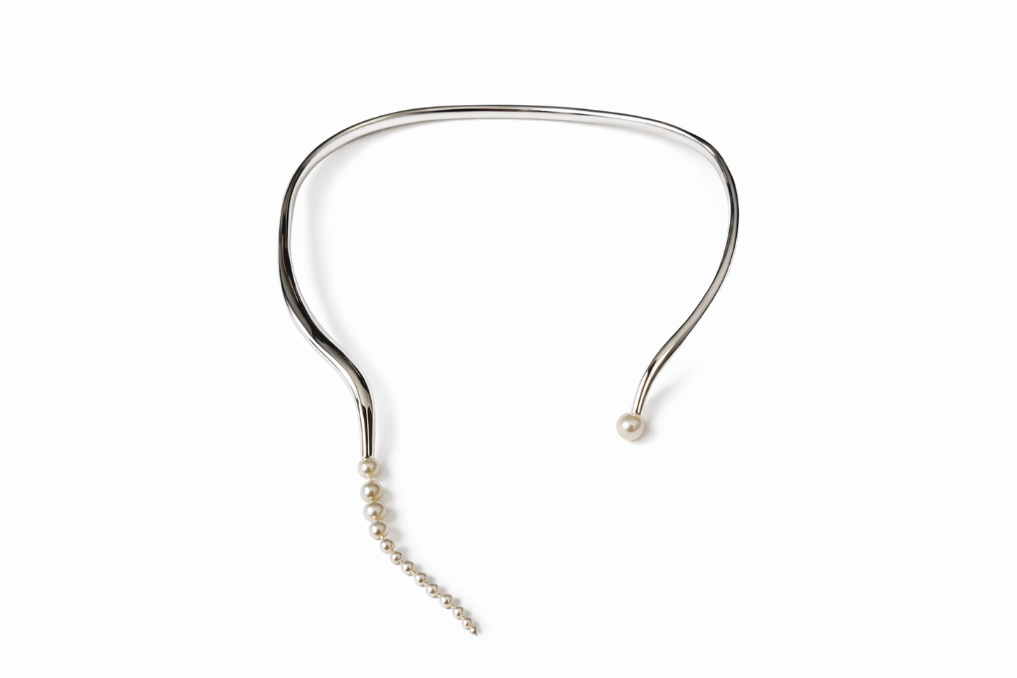Sculptural Pearl Accent Open Choker Necklace – Modern Minimalist Collar Necklace in Silver Tone