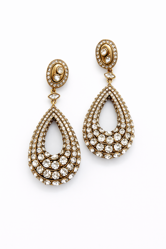 Vintage Gold Teardrop Crystal Drop Earrings – Statement Glam Rhinestone Dangle Earrings, Art Deco Inspired Jewelry
