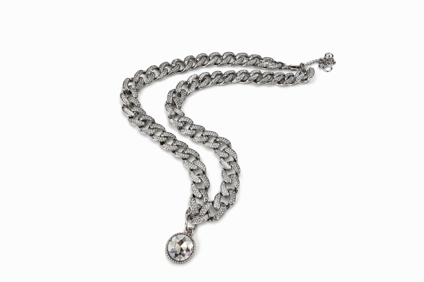 Pavé Cuban Link Necklace with Crystal Pendant – Statement Chain Choker in Silver Tone, Glam Evening Jewelry
